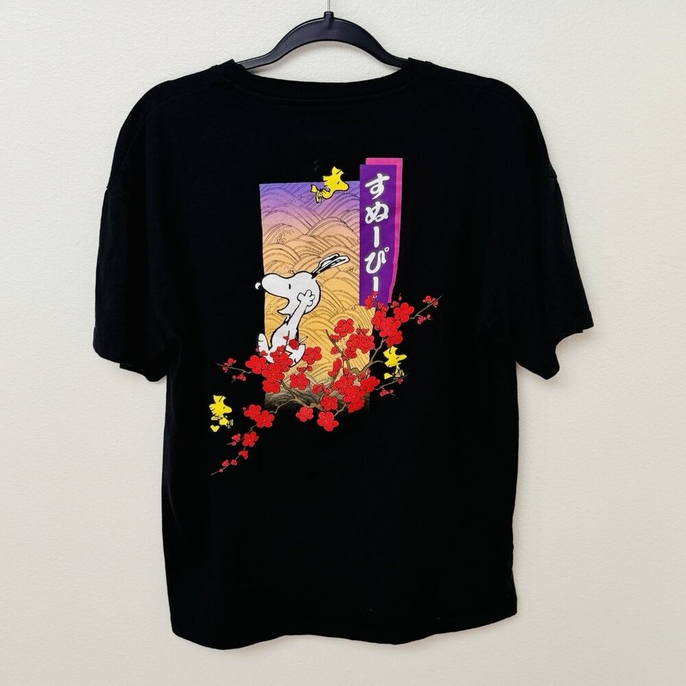 Snoopy Woodstock Peanuts Asian Japanese Black T Shirt Plum Blossoms Size Large